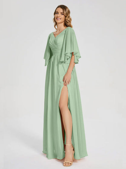 Giselle V-neck Half Sleeves Slit Bridesmaid Dress