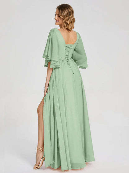 Giselle V-neck Half Sleeves Slit Bridesmaid Dress