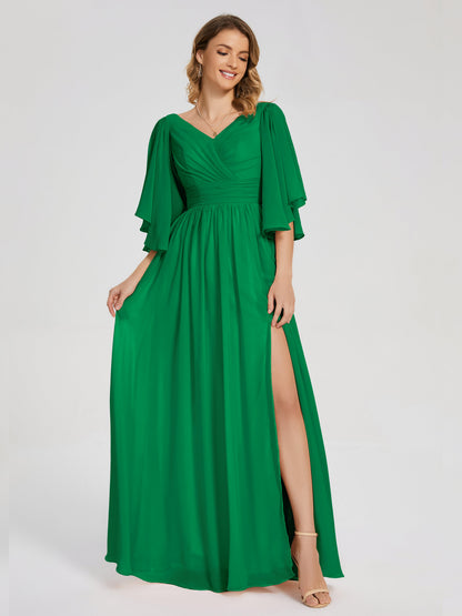 Giselle V-neck Half Sleeves Slit Bridesmaid Dress