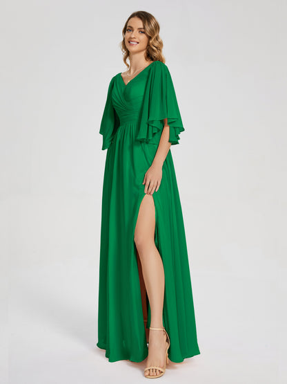 Giselle V-neck Half Sleeves Slit Bridesmaid Dress