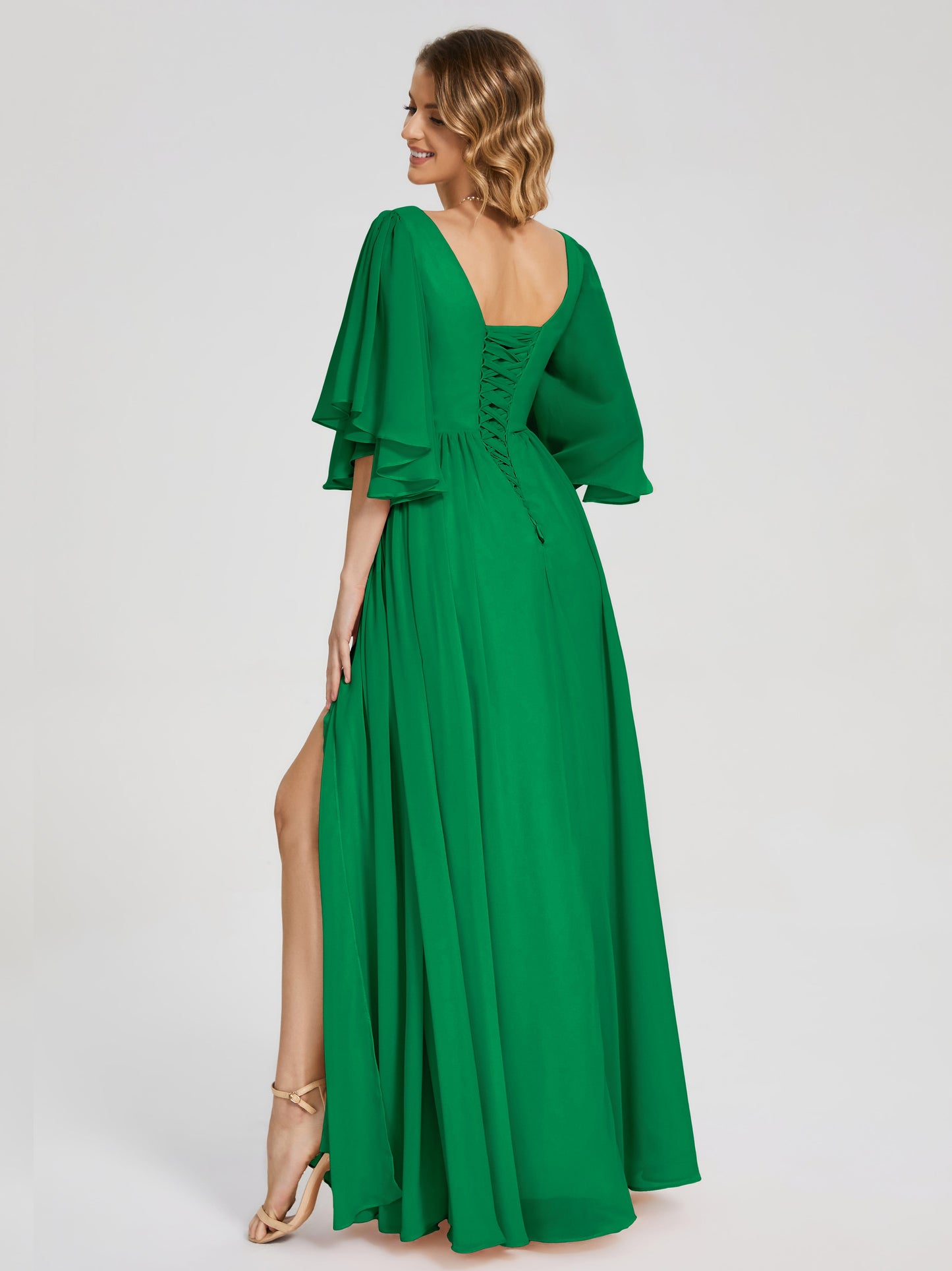 Giselle V-neck Half Sleeves Slit Bridesmaid Dress