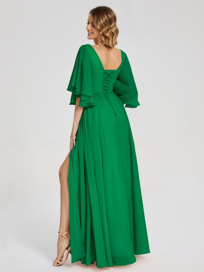 Giselle V-neck Half Sleeves Slit Bridesmaid Dress