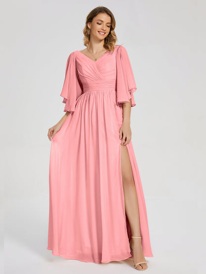 Giselle V-neck Half Sleeves Slit Bridesmaid Dress