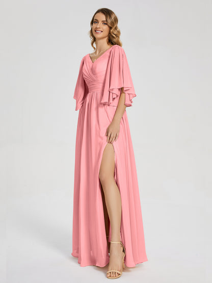 Giselle V-neck Half Sleeves Slit Bridesmaid Dress