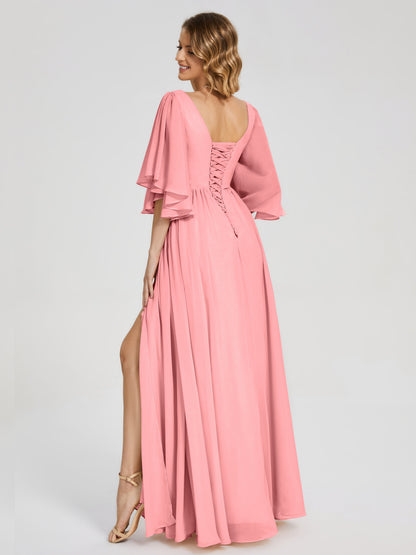 Giselle V-neck Half Sleeves Slit Bridesmaid Dress