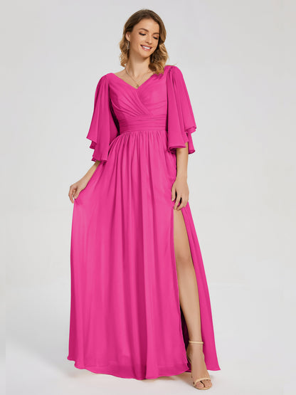 Giselle V-neck Half Sleeves Slit Bridesmaid Dress