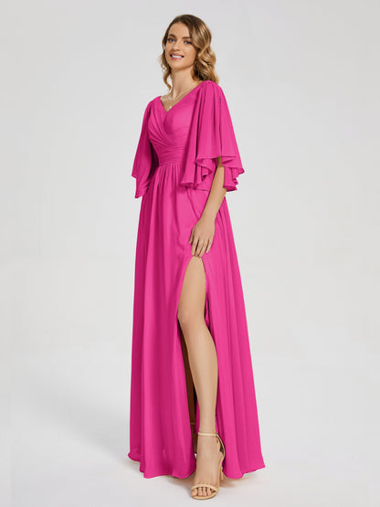 Giselle V-neck Half Sleeves Slit Bridesmaid Dress