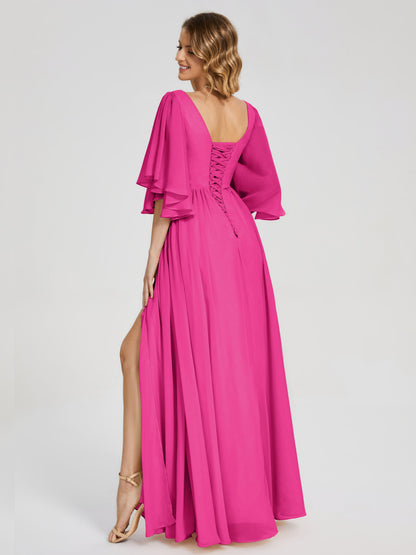 Giselle V-neck Half Sleeves Slit Bridesmaid Dress