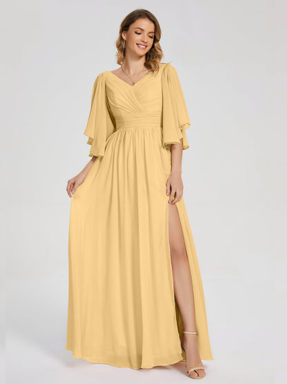 Giselle V-neck Half Sleeves Slit Bridesmaid Dress