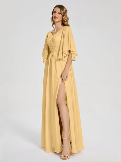 Giselle V-neck Half Sleeves Slit Bridesmaid Dress