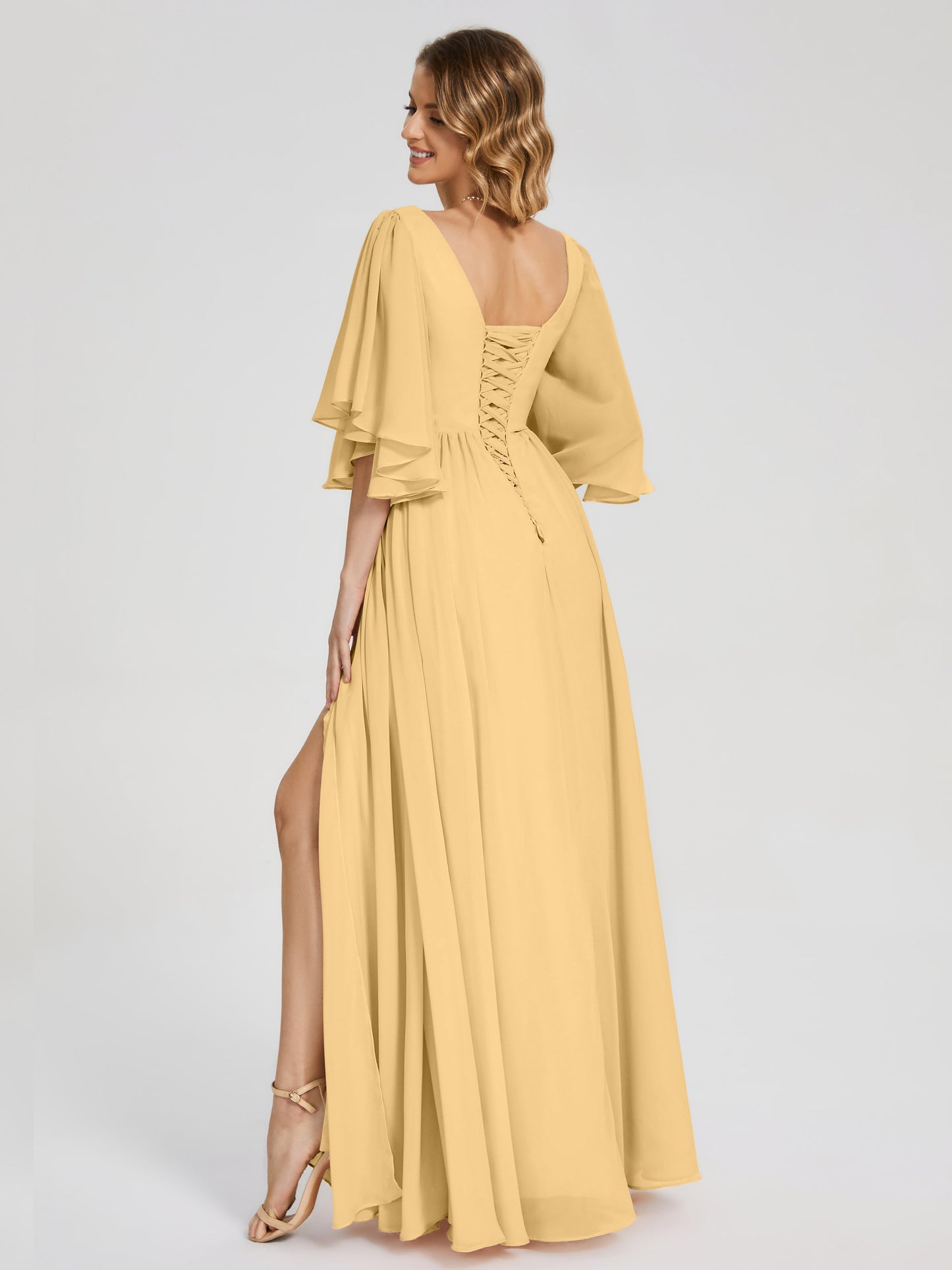 Giselle V-neck Half Sleeves Slit Bridesmaid Dress