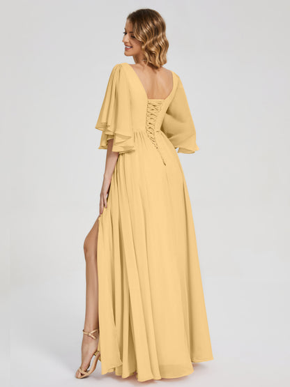 Giselle V-neck Half Sleeves Slit Bridesmaid Dress