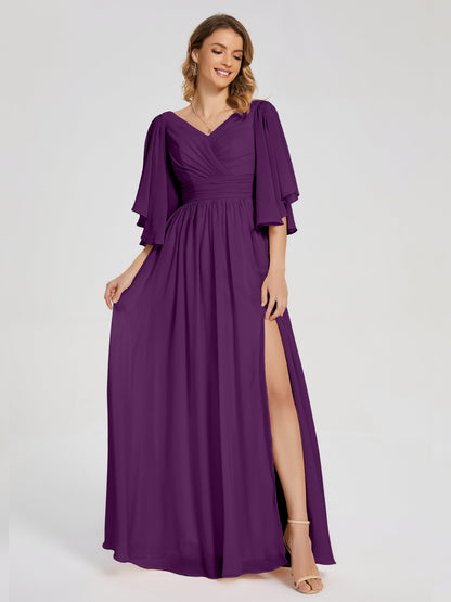 Giselle V-neck Half Sleeves Slit Bridesmaid Dress