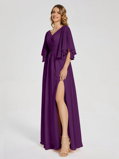 Giselle V-neck Half Sleeves Slit Bridesmaid Dress