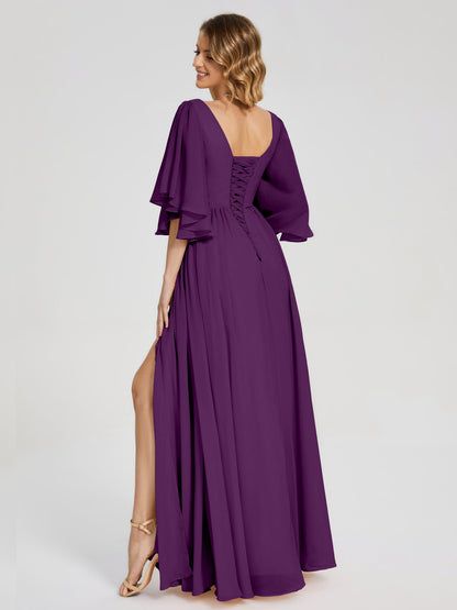 Giselle V-neck Half Sleeves Slit Bridesmaid Dress