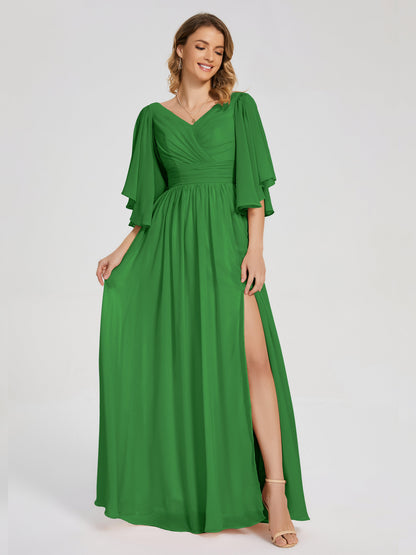 Giselle V-neck Half Sleeves Slit Bridesmaid Dress