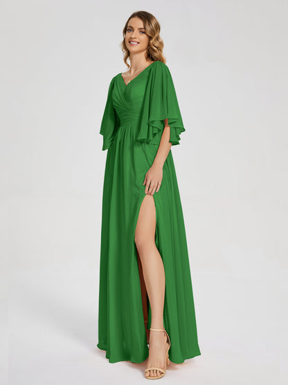 Giselle V-neck Half Sleeves Slit Bridesmaid Dress