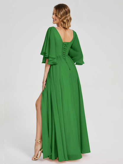 Giselle V-neck Half Sleeves Slit Bridesmaid Dress