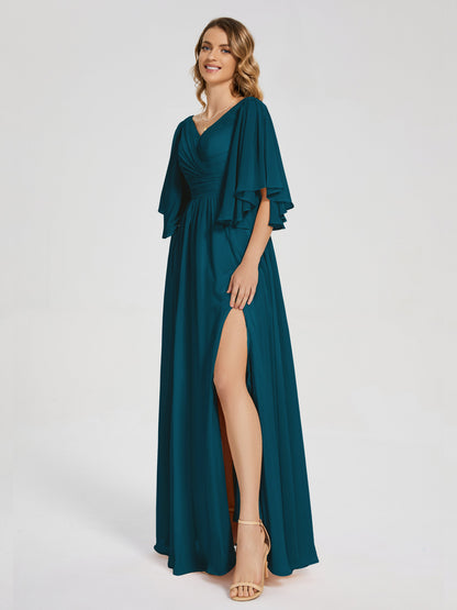 Giselle V-neck Half Sleeves Slit Bridesmaid Dress