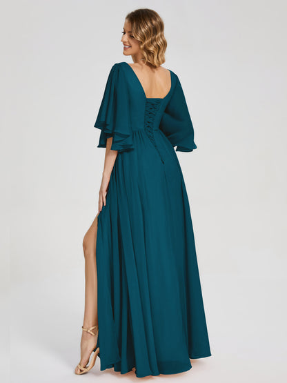 Giselle V-neck Half Sleeves Slit Bridesmaid Dress