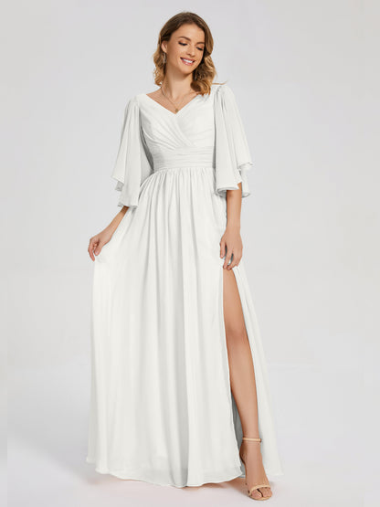 Giselle V-neck Half Sleeves Slit Bridesmaid Dress