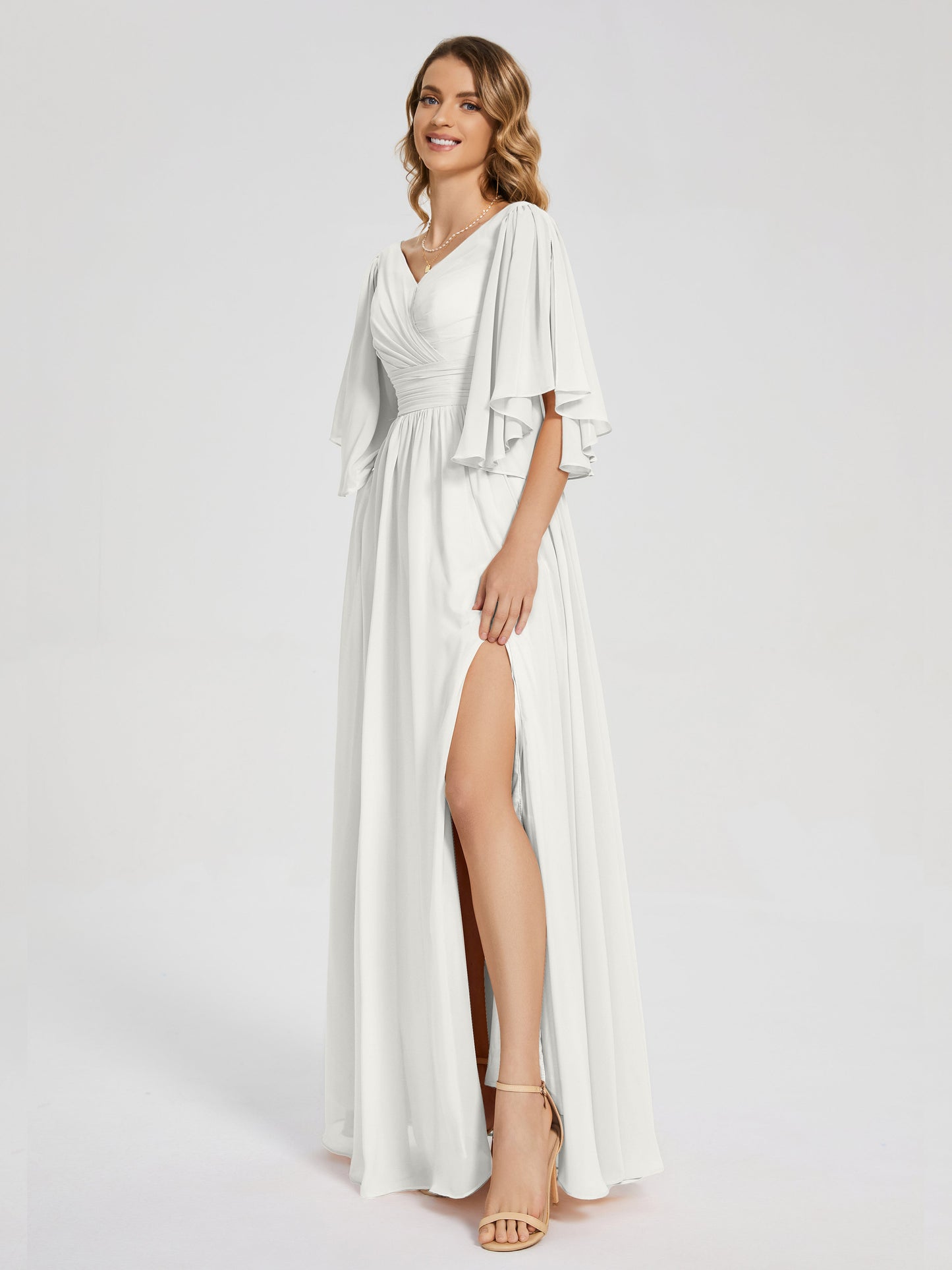 Giselle V-neck Half Sleeves Slit Bridesmaid Dress
