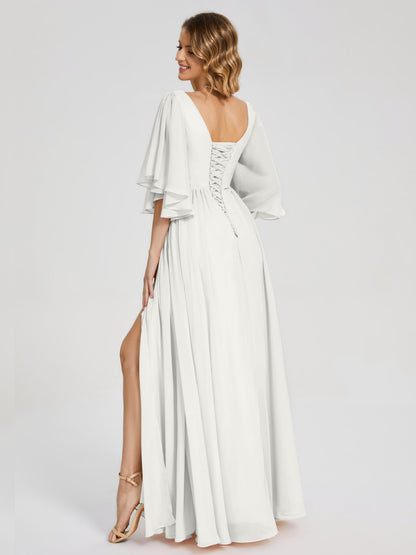 Giselle V-neck Half Sleeves Slit Bridesmaid Dress