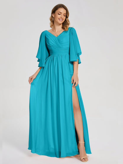 Giselle V-neck Half Sleeves Slit Bridesmaid Dress