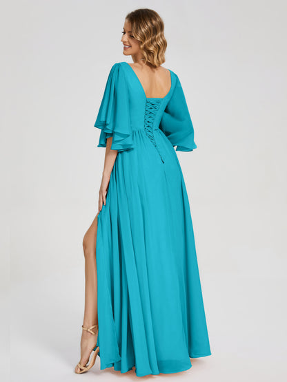 Giselle V-neck Half Sleeves Slit Bridesmaid Dress