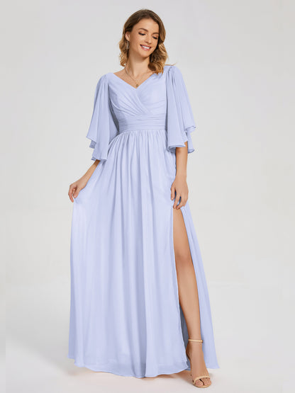 Giselle V-neck Half Sleeves Slit Bridesmaid Dress