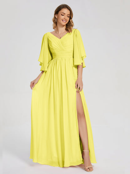Giselle V-neck Half Sleeves Slit Bridesmaid Dress