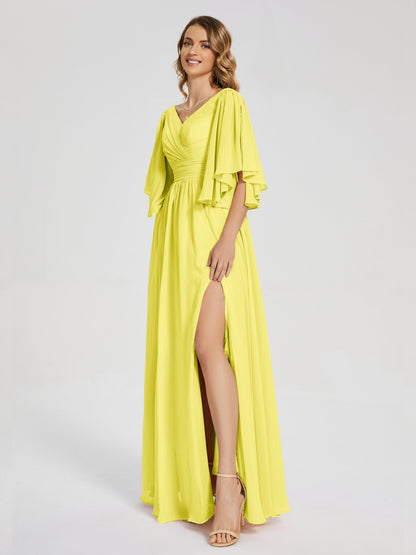 Giselle V-neck Half Sleeves Slit Bridesmaid Dress