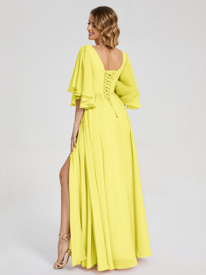 Giselle V-neck Half Sleeves Slit Bridesmaid Dress
