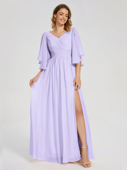 Giselle V-neck Half Sleeves Slit Bridesmaid Dress