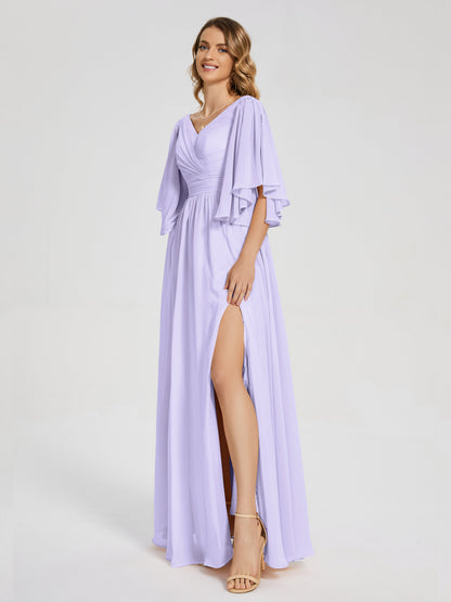 Giselle V-neck Half Sleeves Slit Bridesmaid Dress