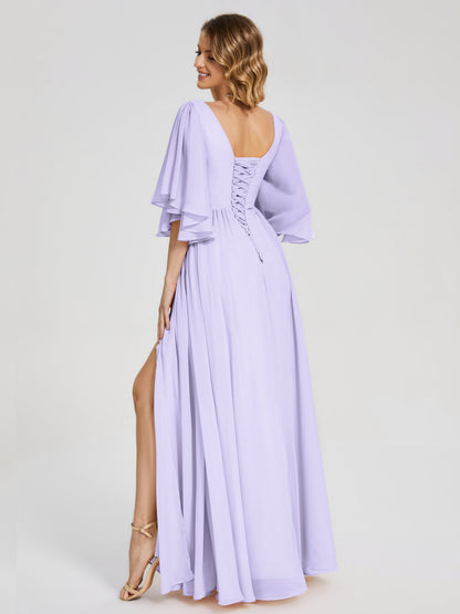 Giselle V-neck Half Sleeves Slit Bridesmaid Dress