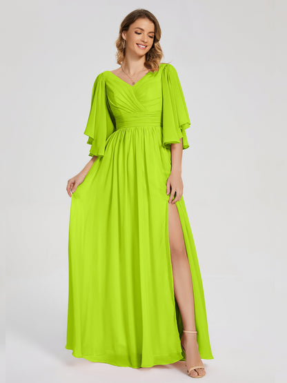 Giselle V-neck Half Sleeves Slit Bridesmaid Dress