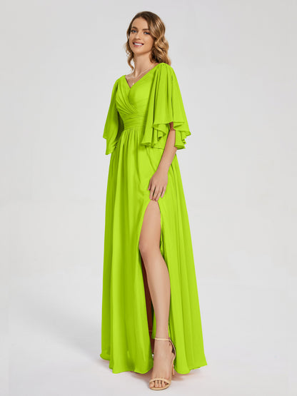 Giselle V-neck Half Sleeves Slit Bridesmaid Dress