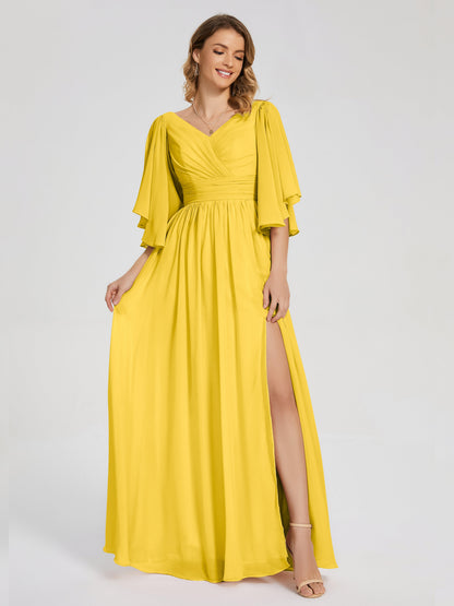 Giselle V-neck Half Sleeves Slit Bridesmaid Dress