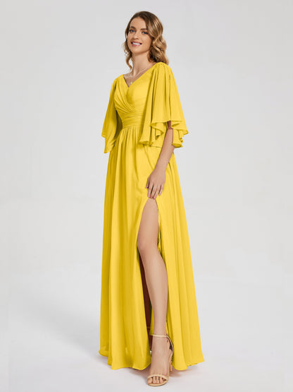 Giselle V-neck Half Sleeves Slit Bridesmaid Dress