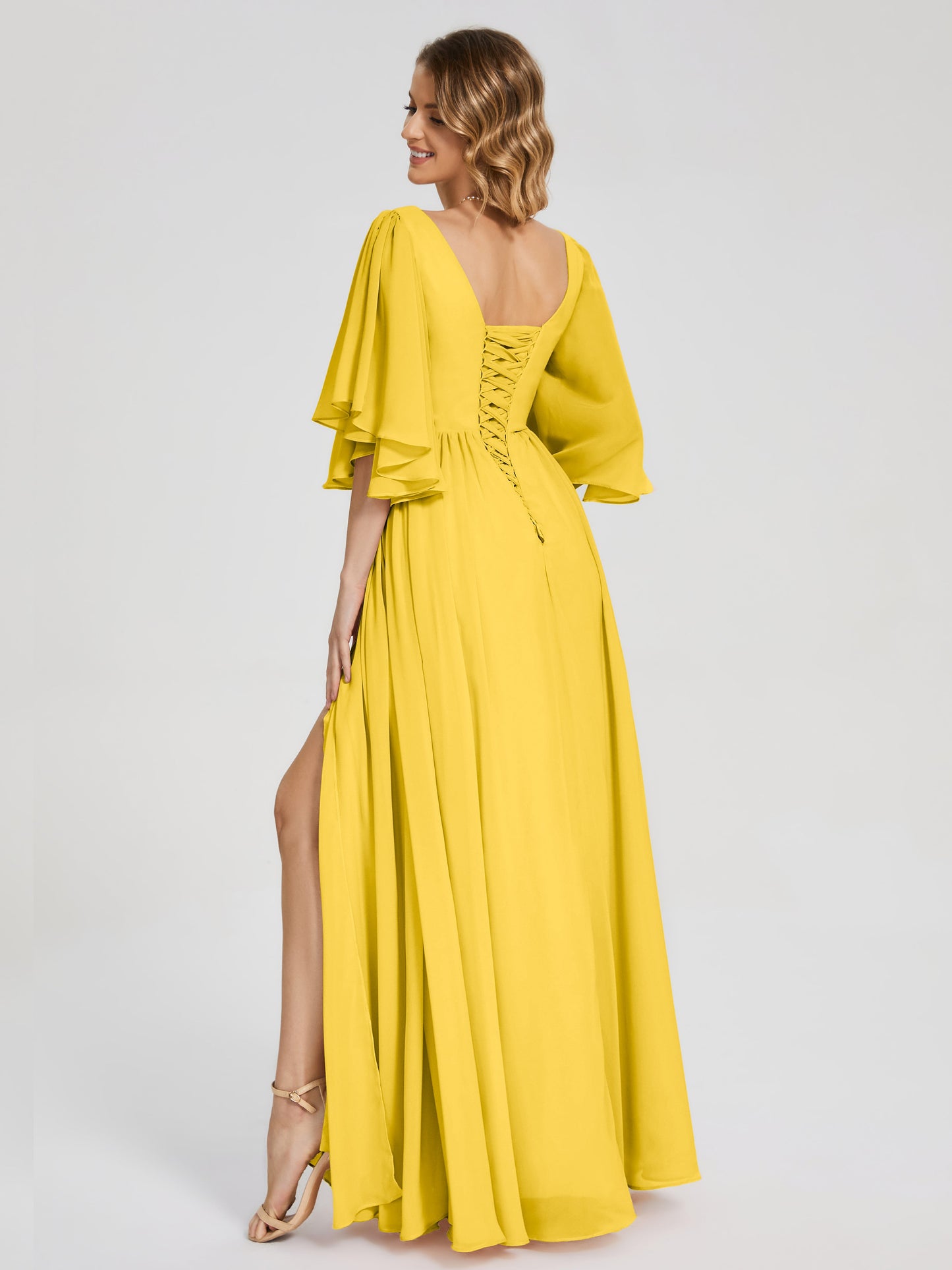 Giselle V-neck Half Sleeves Slit Bridesmaid Dress