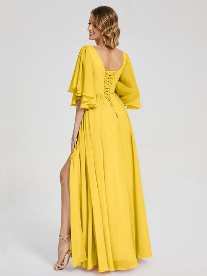 Giselle V-neck Half Sleeves Slit Bridesmaid Dress
