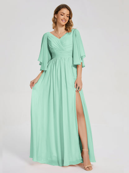 Giselle V-neck Half Sleeves Slit Bridesmaid Dress
