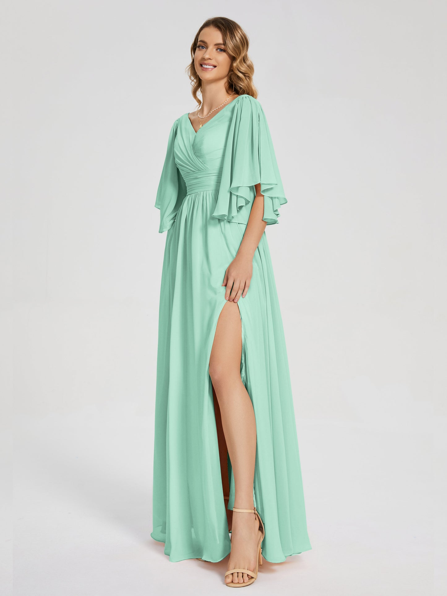 Giselle V-neck Half Sleeves Slit Bridesmaid Dress