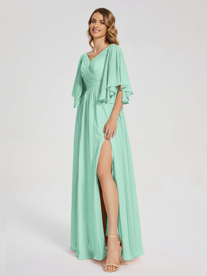 Giselle V-neck Half Sleeves Slit Bridesmaid Dress