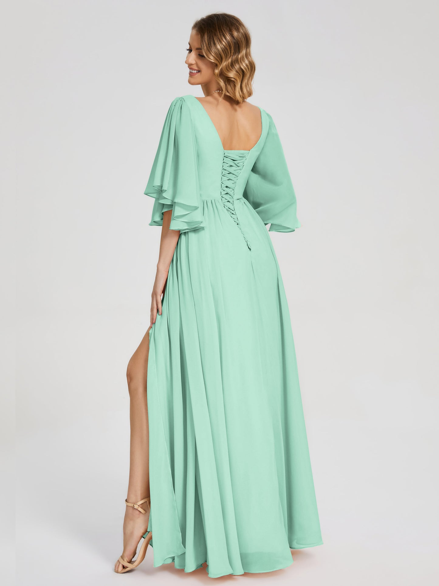 Giselle V-neck Half Sleeves Slit Bridesmaid Dress