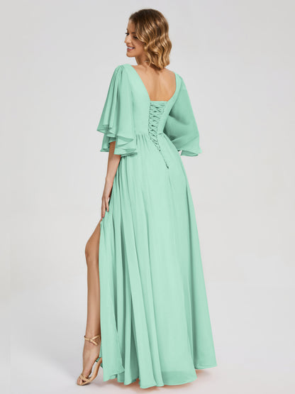 Giselle V-neck Half Sleeves Slit Bridesmaid Dress