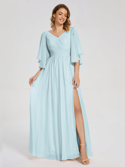 Giselle V-neck Half Sleeves Slit Bridesmaid Dress