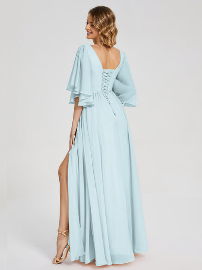 Giselle V-neck Half Sleeves Slit Bridesmaid Dress