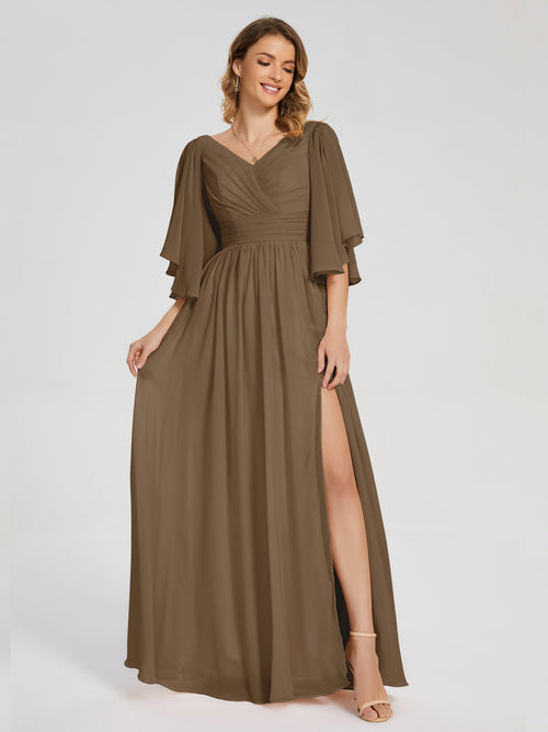 Giselle V-neck Half Sleeves Slit Bridesmaid Dress